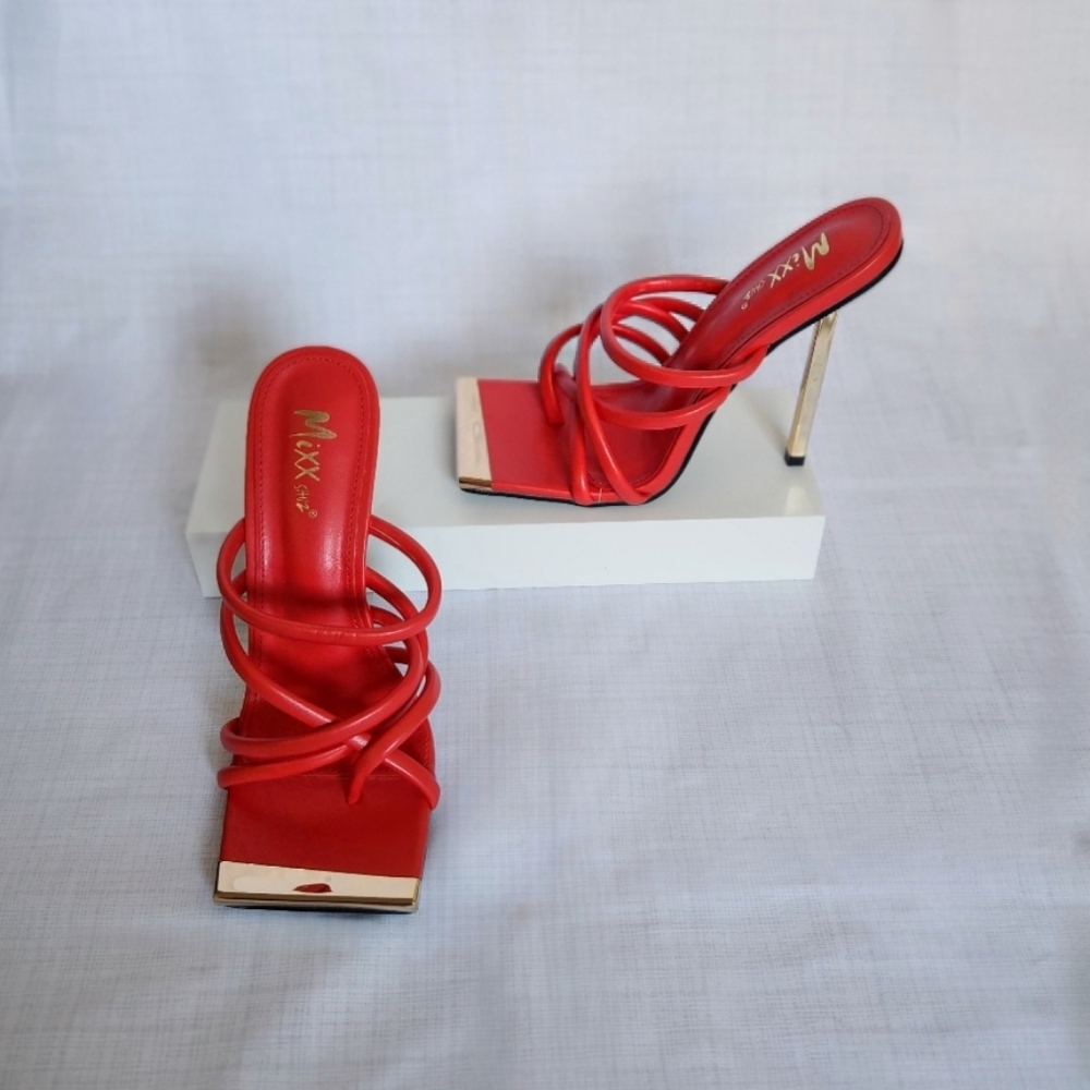 Miss Lola Red Strappy Square Toe High Heels with Gold Accents - Picture 2 of 8